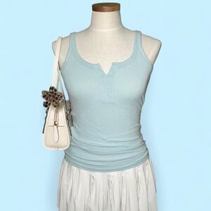 Aerie Henley Full-Length Ribbed Tank Top Size S in Light Blue 🩵